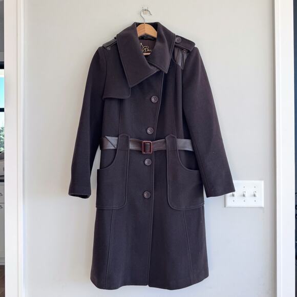 Mackage Wool-Cashmere Blend Leather Belted Pea Coat Brown L - Picture 2 of 6